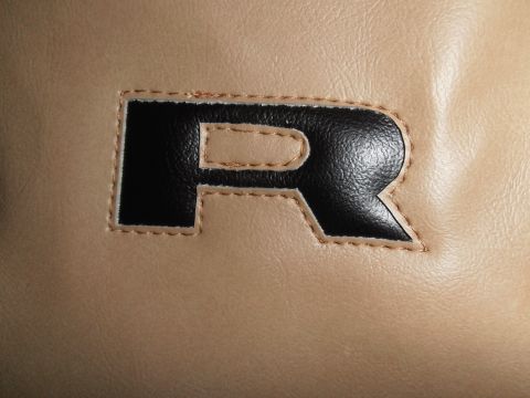 1990 Ford Bronco - Close-up of an embroidered letter R on tan material.