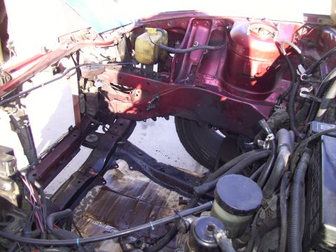 1995 Ford Probe - The engine bay of a 1995 Ford Probe shows maroon painted inner fenders and various hoses and fluid reservoirs.