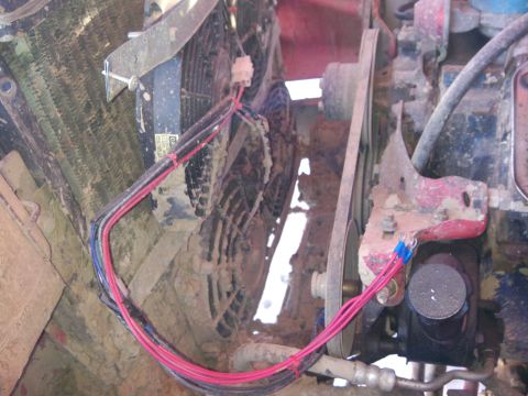 1979 Ford Bronco - Close-up of an engine bay with electric fans and associated wiring, covered in mud.