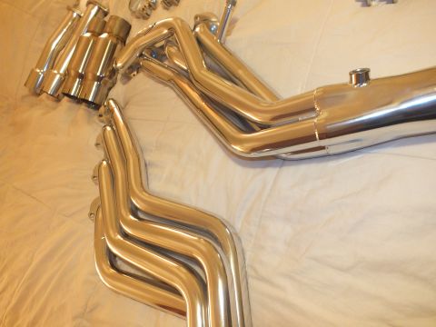 2003 Ford Crown Victoria - Two long-tube headers feeding collectors beside stacked stainless exhaust tips