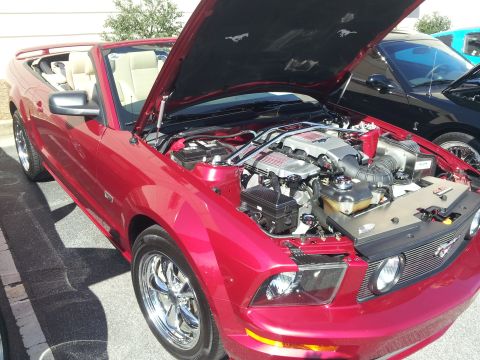 1965 Ford Mustang - Red convertible Mustang with its hood open, revealing the engine. Another Mustang is visible in the background.