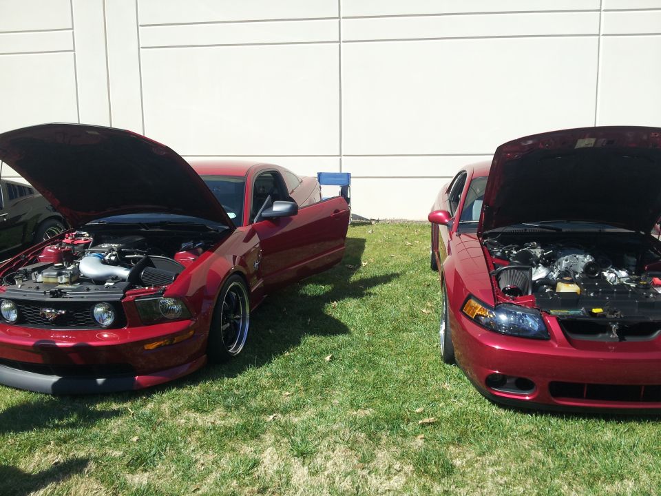 Two red Ford Mustangs parked on grass, hoods open showing engines. The one on the left is a newer model, the one on the right is an older model