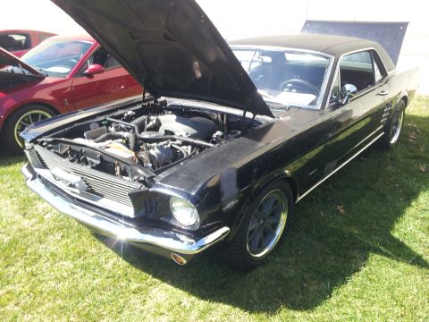 1965 Ford Mustang - A black 1965 Ford Mustang coupe is displayed with its hood and trunk open, parked on a grassy lawn.