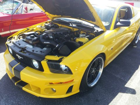 1965 Ford Mustang - A yellow Ford Mustang with black racing stripes is parked with its hood open, revealing the engine bay.