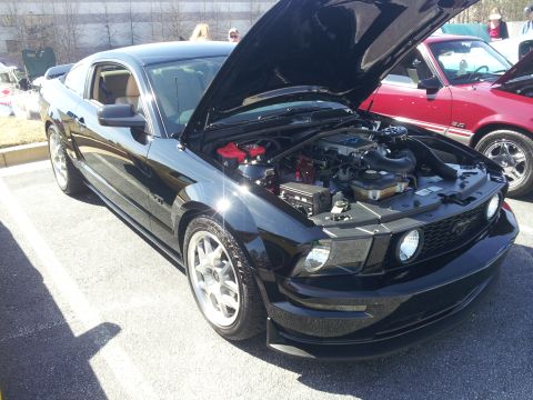 1965 Ford Mustang - A black Ford Mustang is parked with its hood open, revealing the engine compartment.