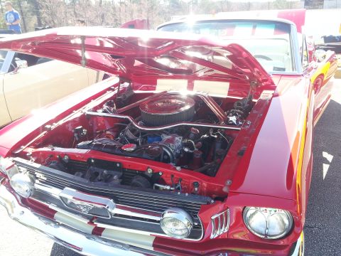 1965 Ford Mustang - The engine bay of a classic red Mustang convertible is displayed with its hood raised, revealing the motor and chrome accents.