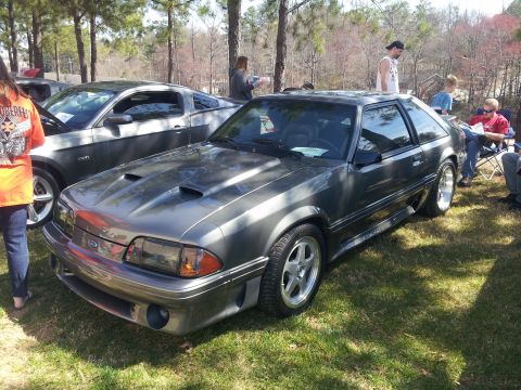 1965 Ford Mustang - A 1990s Ford Mustang hatchback is parked on grass, with another modern Mustang visible behind it.