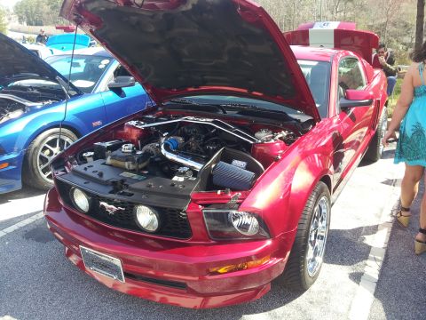 1965 Ford Mustang - Two Mustangs are parked with hoods up, displaying their engines at an outdoor event.