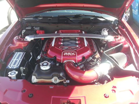 1965 Ford Mustang - Engine bay of a 2011 Ford Mustang, the 5.0 Coyote V8 engine and custom red intake piping.