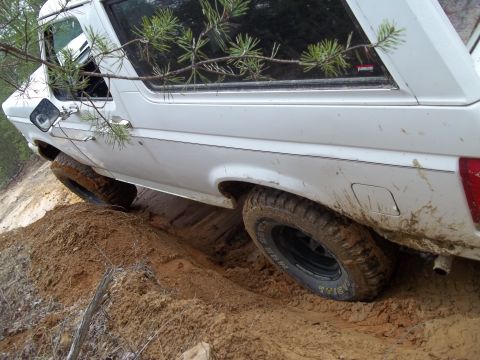 1990 Ford Bronco - This 1990 Ford Bronco is captured from the side as it navigates a challenging muddy terrain, with pine branches partially covering the rear…