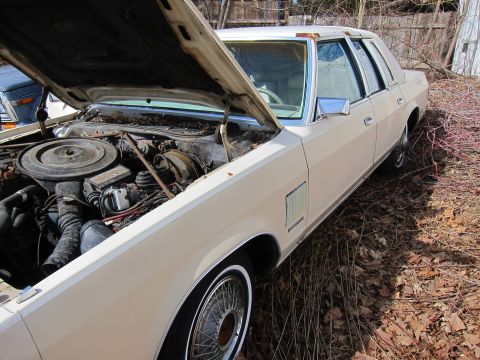 1991 Ford LTD Crown Victoria - This sedan sits in a yard with its hood open, revealing the engine compartment.