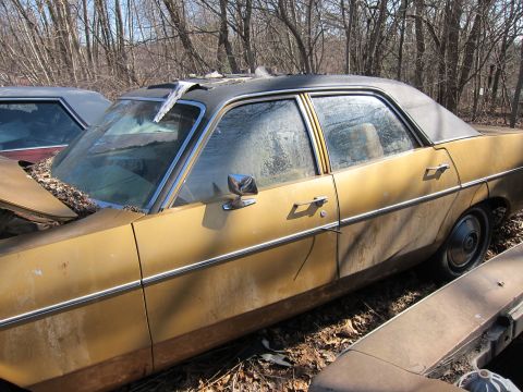 1991 Ford LTD Crown Victoria - A weathered yellow sedan with a black vinyl roof sits in a junkyard, surrounded by trees and other vehicles.