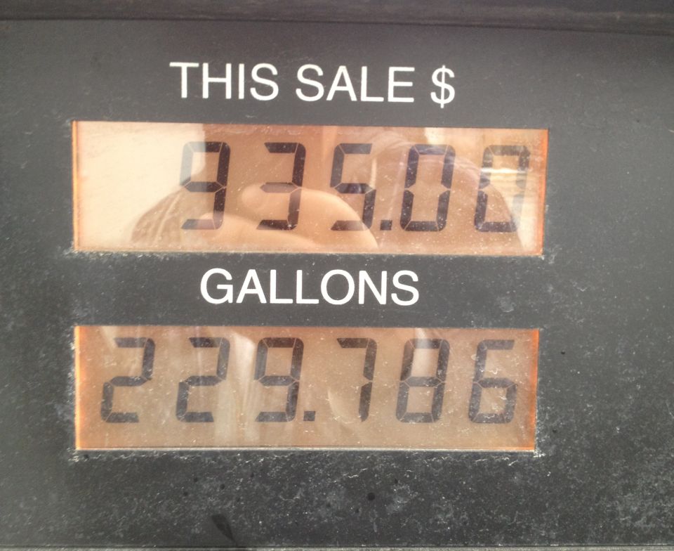 Gas pump display showing $935.00 for 229.786 gallons