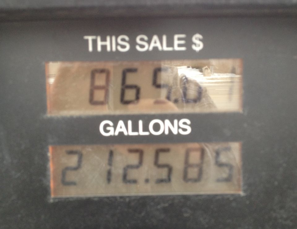Gas pump shows $86.00 for 212.585 gallons
