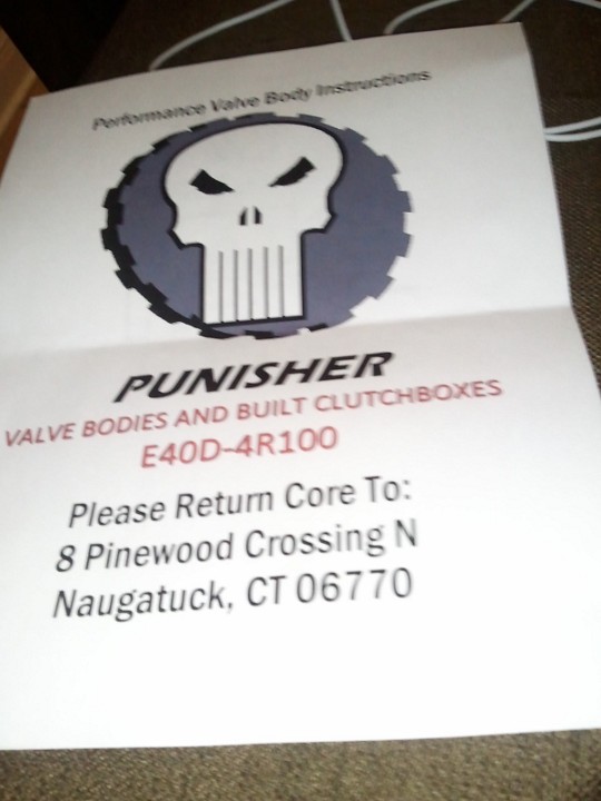 Cover page of Punisher performance valve body instructions with logo and core-return address
