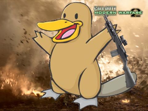1989 Ford Bronco - A digital image depicts a cartoon duck character holding a firearm against a backdrop of explosions and the Call of Duty logo.