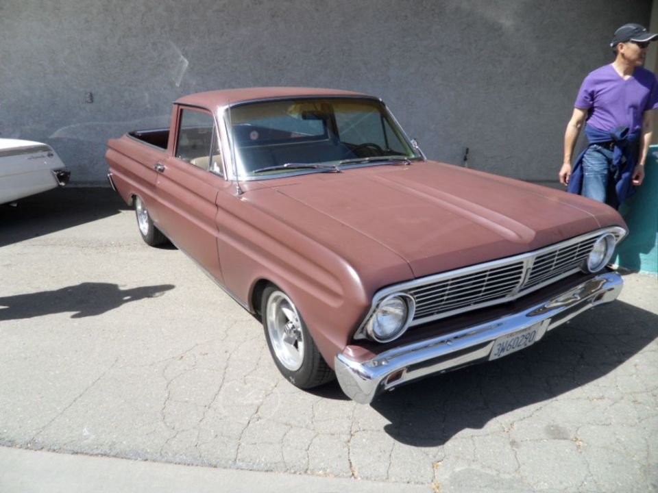 Brown 1963 Falcon Ranchero pickup truck, 3q-front view. License plate 3M60280