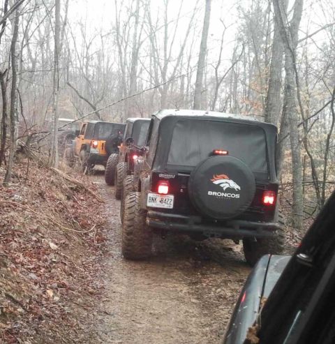 1987 Ford Bronco - A line of off-road vehicles navigates a narrow, dirt path through a forest during the day.