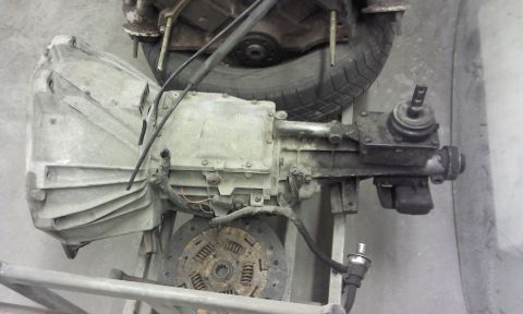 1967 Ford F-100 - Transmission and clutch assembly from a Ford truck, possibly from a 1967 F-100.