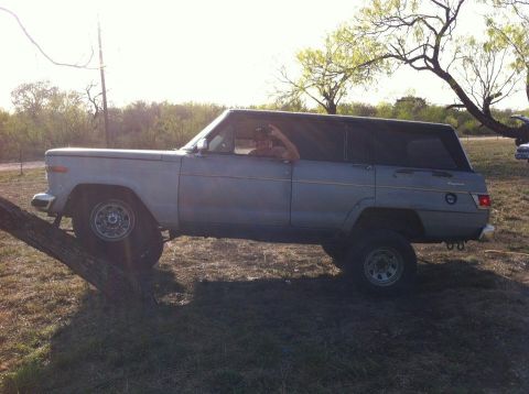 1982 Jeep Wagoneer - A gray 1982 Jeep Wagoneer is positioned with its front tire on a tree trunk, its off-road capabilities.