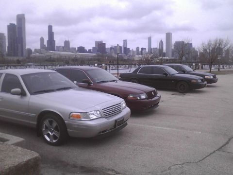 2003 Ford Crown Victoria - A row of Ford Crown Victorias parked with a city skyline in the background.