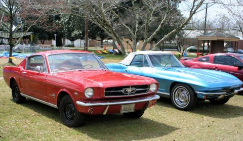 1980 Ford Mustang - A red 1965 Ford Mustang coupe is parked on grass next to a blue convertible and another red car.