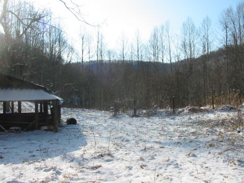 1992 Ford Bronco - Winter scene in a rural area with a covered structure and a tire visible.
