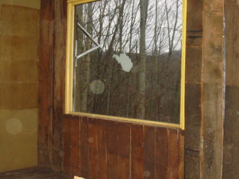 1992 Ford Bronco - View from inside a rustic wooden structure, looking out a window at a forest scene with a state-shaped decal on the glass.