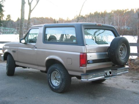 1996 Ford Bronco - Rear view of a 1996 Ford Bronco SUV parked on a paved surface with trees in the background.