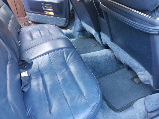 Blue leather rear seats and carpeted floor