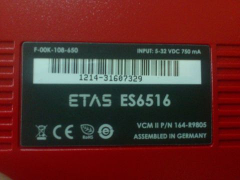 1998 Ford Crown Victoria - This red ETAS ES6516 diagnostic tool features a barcode, input specifications, and assembly information.