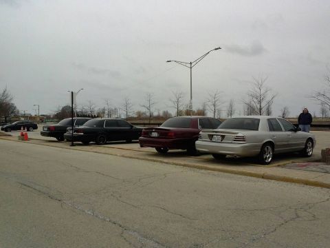 2003 Ford Crown Victoria - Multiple Ford Crown Victorias are parked in a lot under an overcast sky.