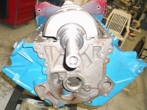 1970 Ford Mustang - Close-up of an engine block with a crankshaft, showing internal components.