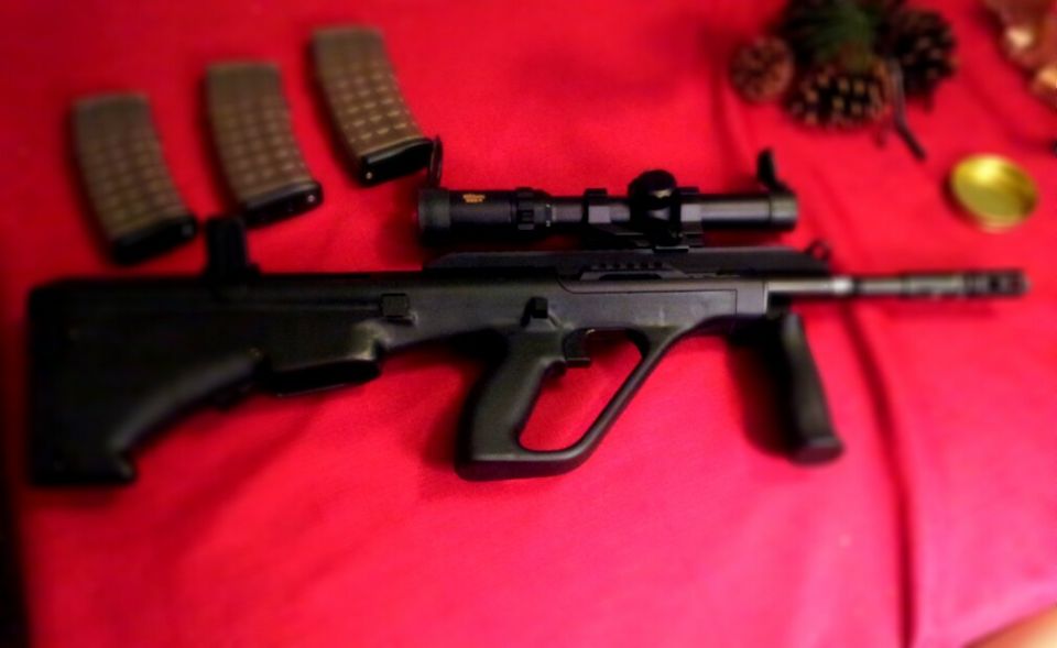 Bullpup rifle with scope and three magazines on red fabric