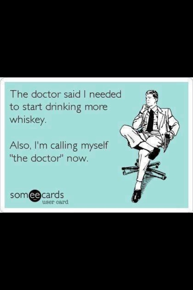 E-card with text about doctor recommending whiskey and a drawing of a man sitting in a chair