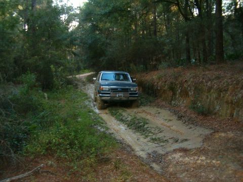 1991 Ford Bronco - A dark blue 1992 Ford Bronco navigates a muddy path through a wooded area.