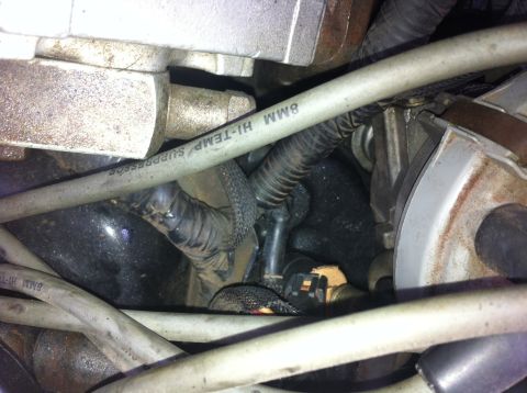 1990 Ford F-150 - Close-up view of an engine coolant sender with associated wiring and hoses, showing "8MM HI-TEMP SUPPRESSOR" text on a hose.