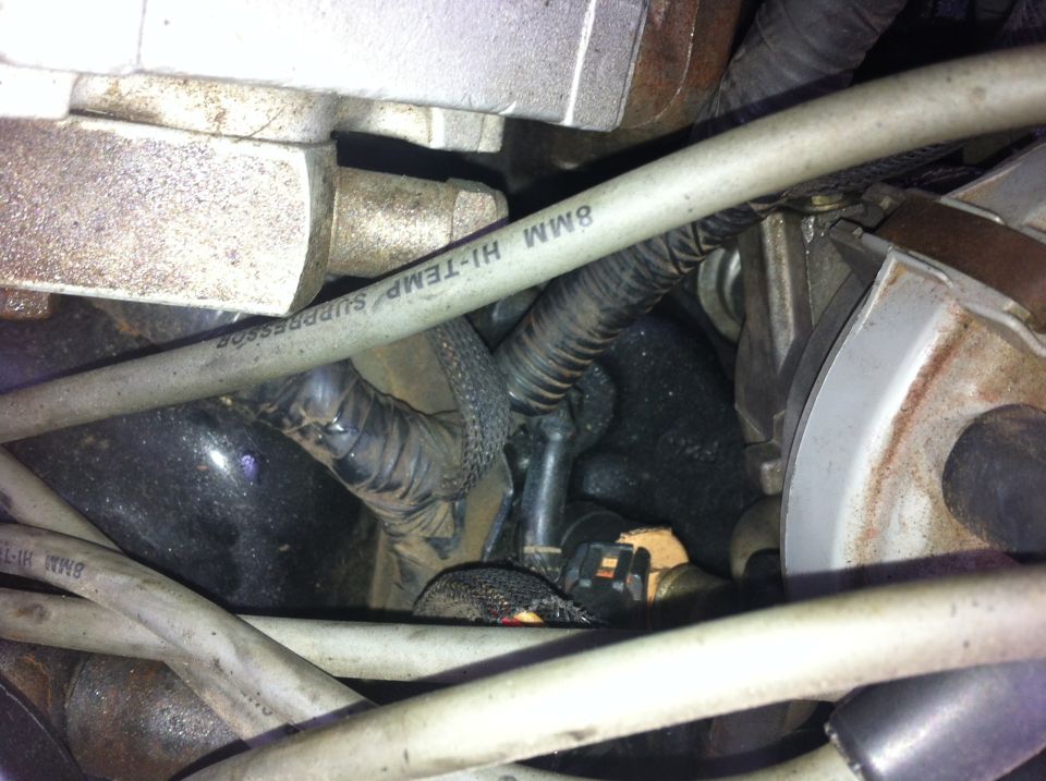 Engine coolant sender with electrical connector and surrounding hoses and wiring. Text on hose reads "8MM HI-TEMP SUPPRESSOR"