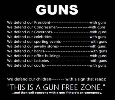 1989 Ford Bronco - A graphic contrasts defending various entities with guns versus defending children with a gun-free zone sign.