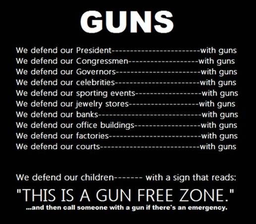 Black graphic with white text about defending with guns and a gun-free zone sign