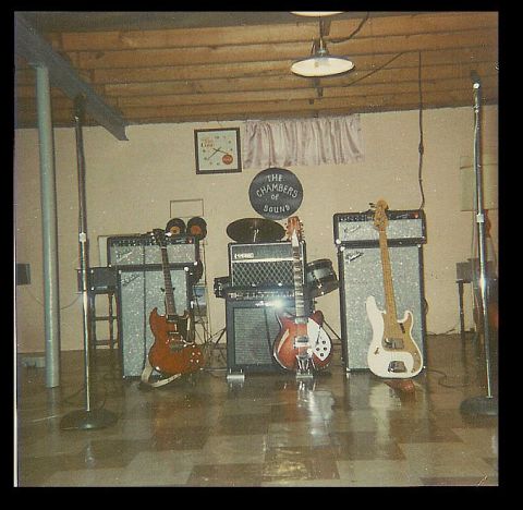1963 Ford Galaxie - A band's practice space is set up with musical instruments and amplifiers.