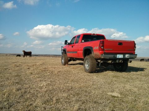 1986 Ford Bronco - Red pickup truck with large tires in a field with cows and a cloudy sky.