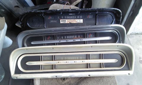 1967 Ford F-100 - Three vintage Ford truck instrument clusters are displayed, showing different designs and trim levels.