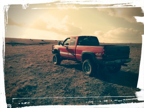 1986 Ford Bronco - A red pickup truck sits in a wide-open, dry field under a cloudy sky.