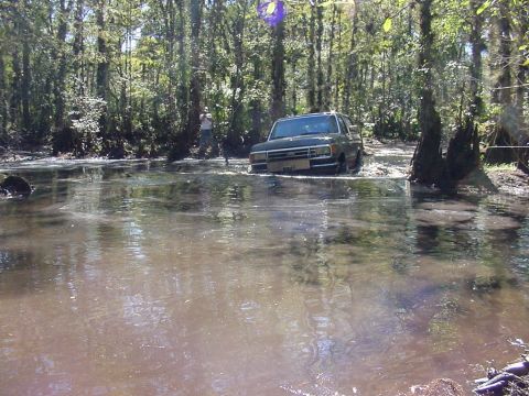 1991 Ford Bronco - A 1991 Ford Bronco navigates through a muddy, water-filled wooded area.