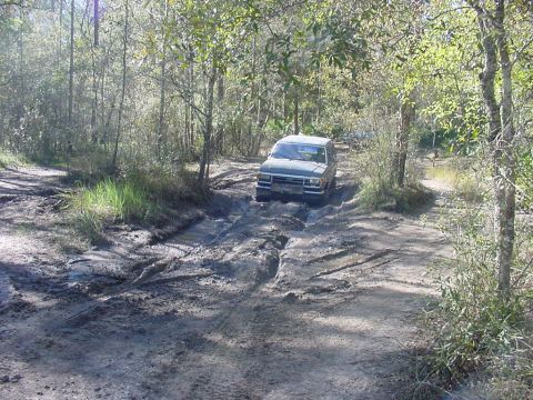 1991 Ford Bronco - Head-on view of a light silver-green compact pickup with a camper shell wading through a churned mud hole on a narrow wooded two-track, whe…