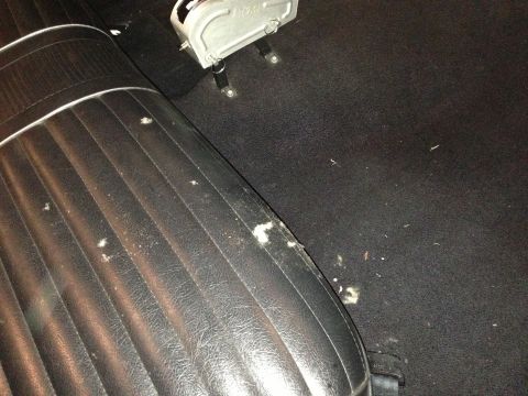 1964 Ford Fairlane - Interior view of a car showing a black vinyl seat and carpet with some debris on the floor.