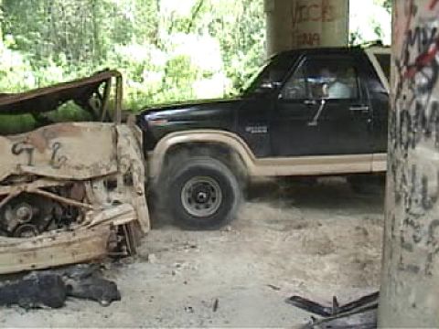 1983 Ford Bronco - Testing the bumper... I hit this burned-out wreck a few times doing 5-10mph and only cracked a fog light lens.