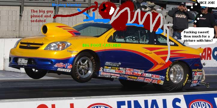 Yellow and blue drag racing car with a large hood scoop, mid-air on a track