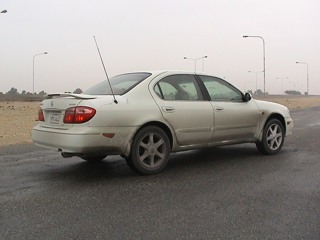 White 2004 Nissan Maxima sedan parked on a wet road